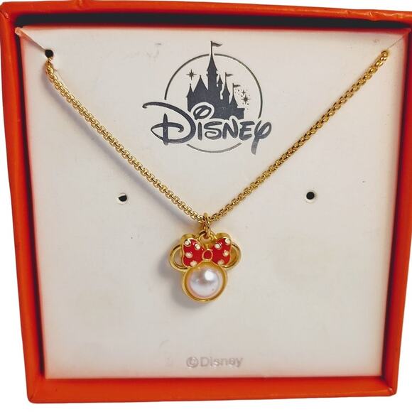 Disney Minnie Mouse Gold-Toned Necklace Pearl Red Bow New - Picture 1 of 7